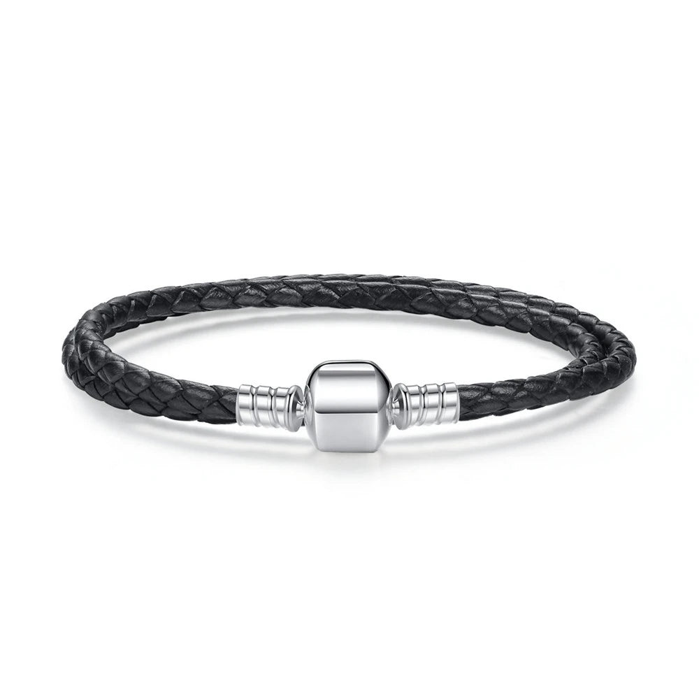 Long Pink & Black Braided Leather Bracelet with Silver Snake Clasp
