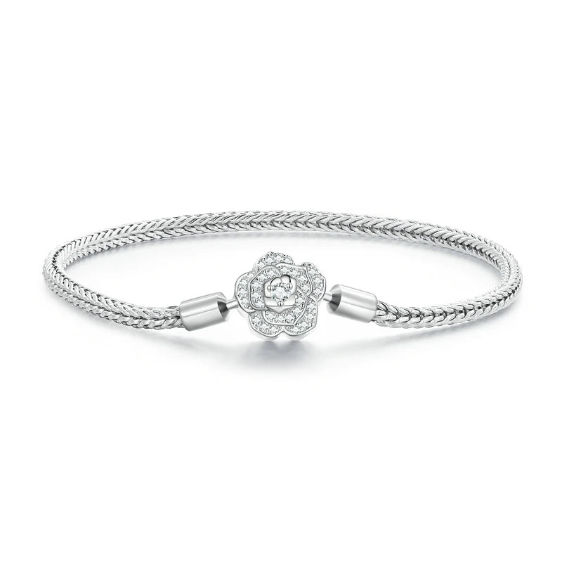 Silver Zircon Rose Clasp Snake Chain Charm Bracelet