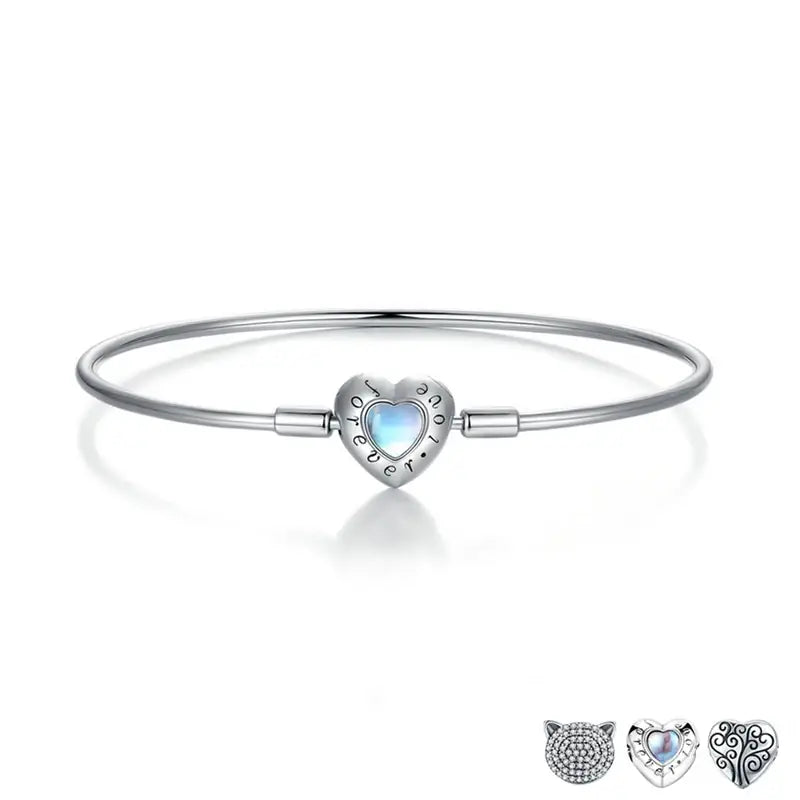 Sterling Silver Heart Charm Bracelet – Women’s Snake Chain Bangle