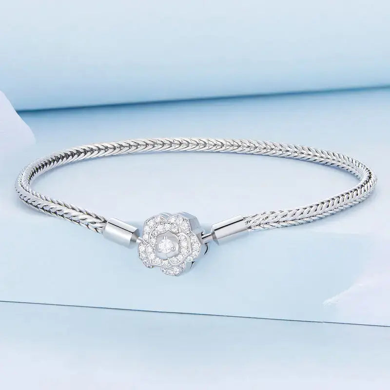 Silver Zircon Rose Clasp Snake Chain Charm Bracelet