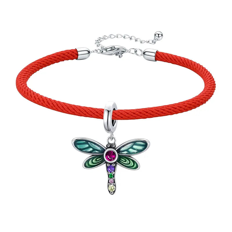 Sterling Silver Red Rope Bracelet with Enamel Charms