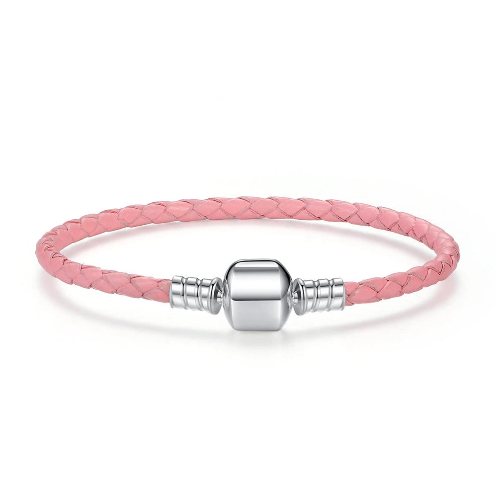 Long Pink & Black Braided Leather Bracelet with Silver Snake Clasp