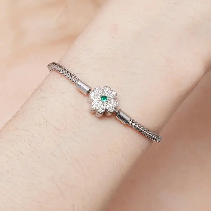 Silver Zircon Rose Clasp Snake Chain Charm Bracelet