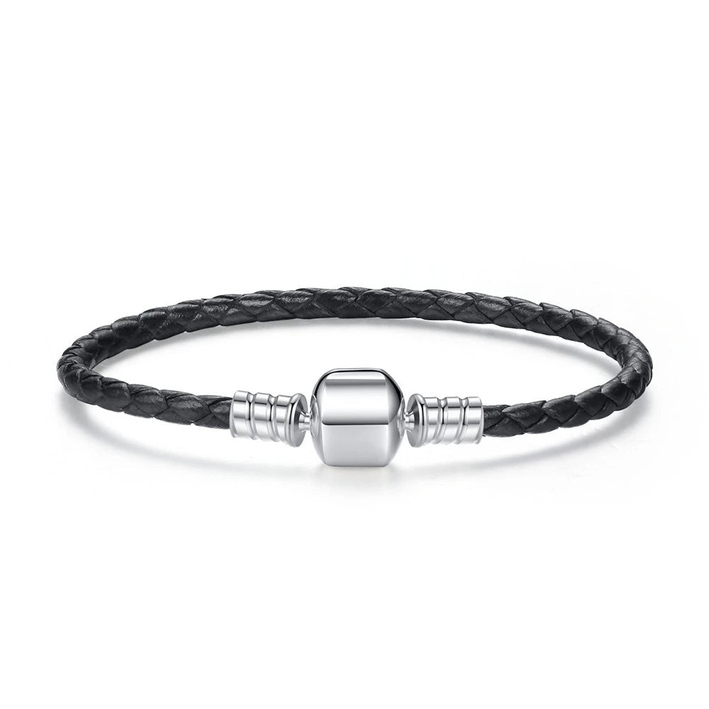Long Pink & Black Braided Leather Bracelet with Silver Snake Clasp