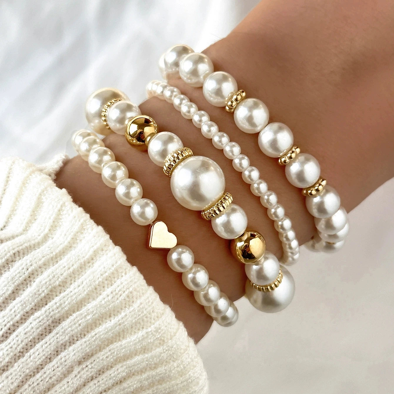 Korean Heart Charm Pearl Beaded Bracelet Set for Women