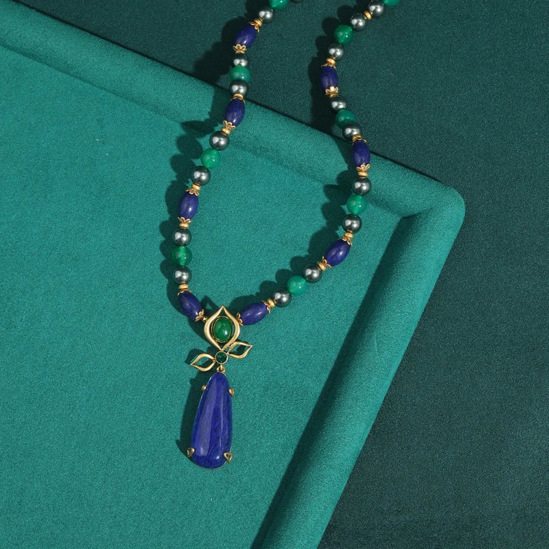 Lapis Lazuli & Pearl Pendant Necklace – Vintage Beaded Chain