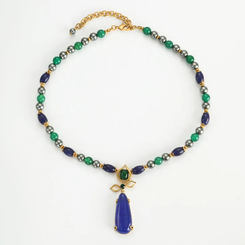 Lapis Lazuli & Pearl Pendant Necklace – Vintage Beaded Chain