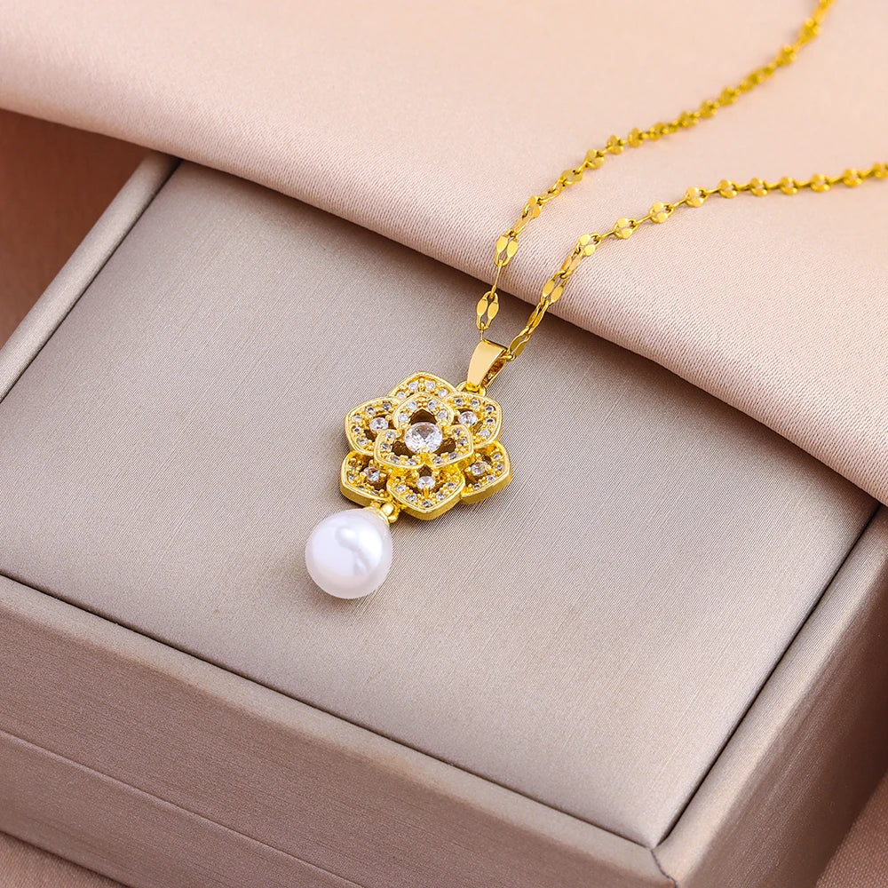 Luxury Retro Zircon Pearl Necklace & Earrings Set – 18K Gold Plated