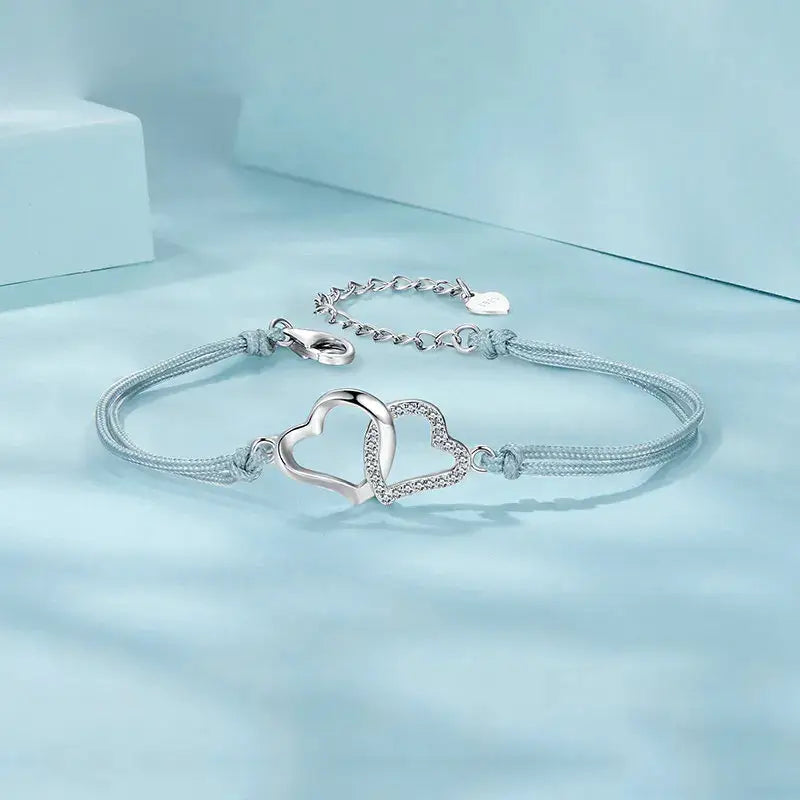 Personalized Sterling Silver Heart Bracelet – Gray Rope Chain