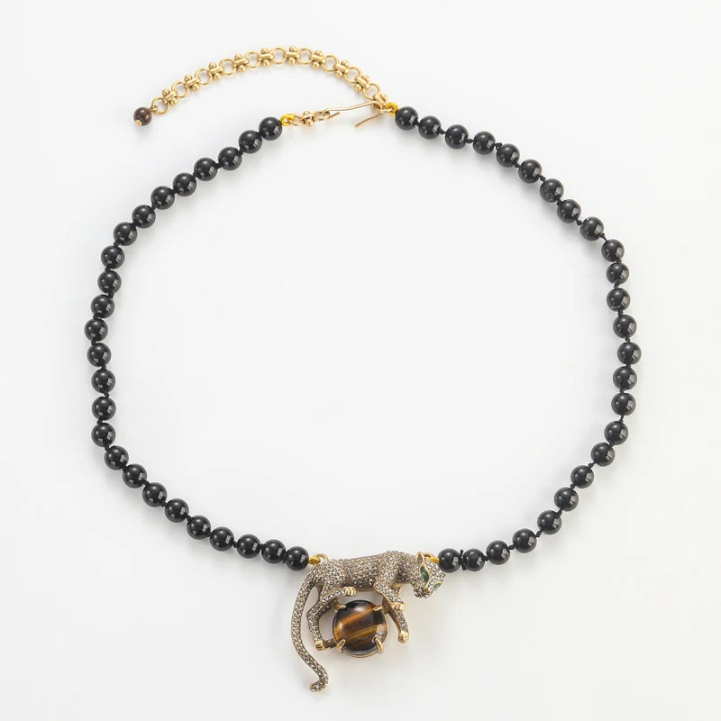 Retro Tiger Eye Leopard Pendant Necklace – Natural Stone, Vintage Gold