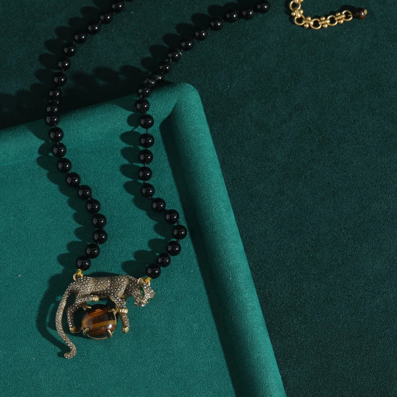 Retro Tiger Eye Leopard Pendant Necklace – Natural Stone, Vintage Gold