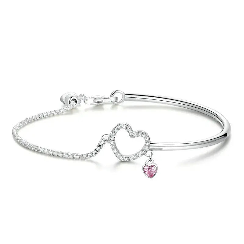Romantic Sterling Silver Heart Pink CZ Bracelet for Women
