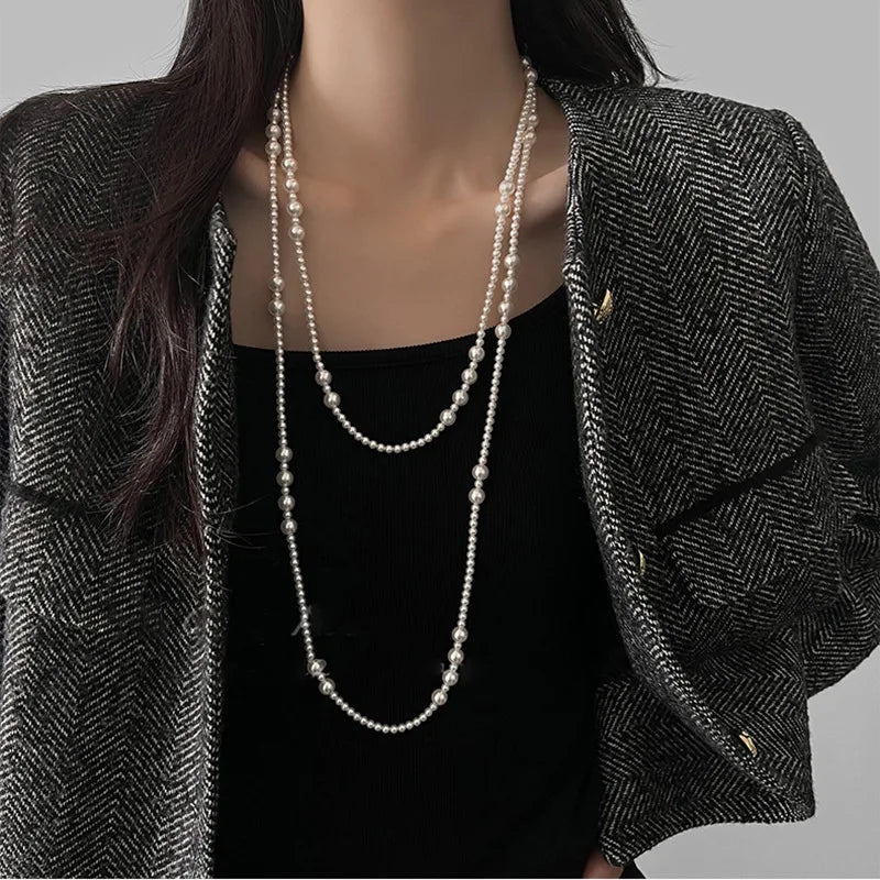 Vintage Multi-Layer Pearl Necklace – Elegant Sweater Chain