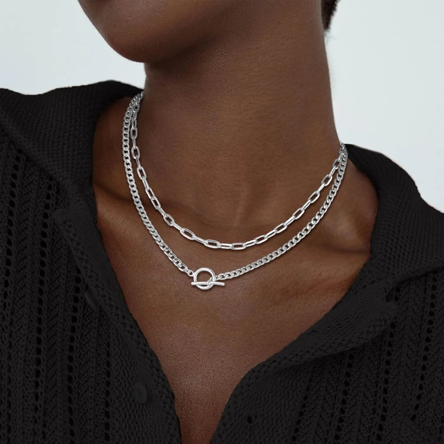 Women’s Gold Layered Chain Necklace – Cuban Link Paperclip Style