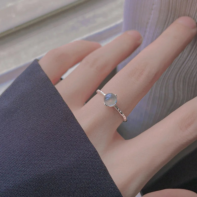 Mermaid Whale Tail Moonstone Stackable Ring – Blue Green Silver