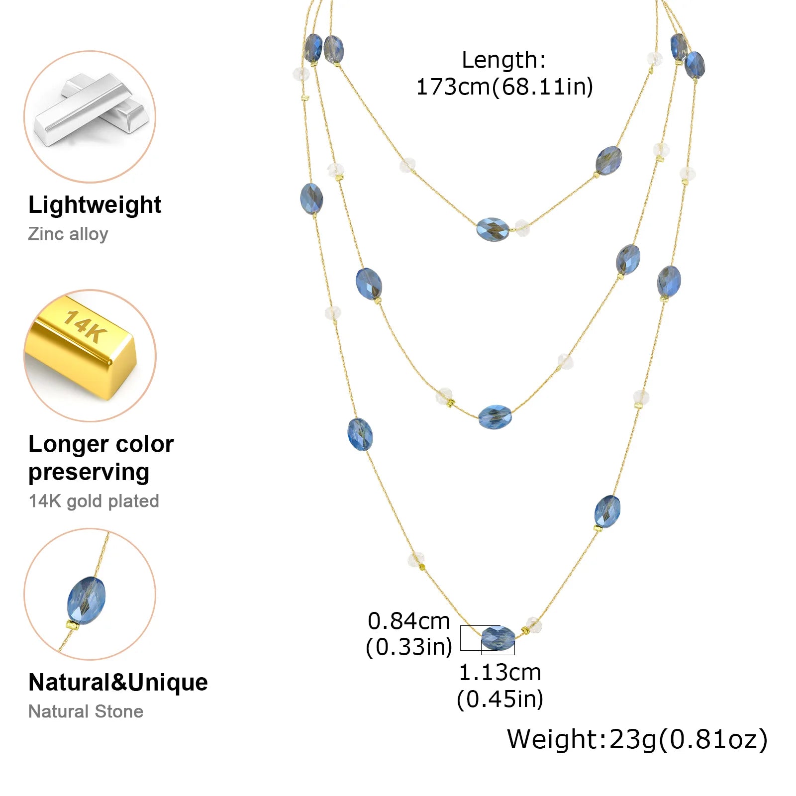 Blue CZ Layered Long Necklace – Sweater Chain for Women