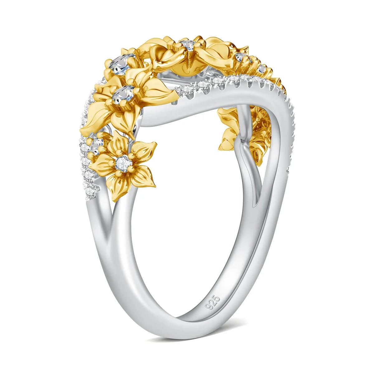 Luxurious Flower Moissanite Engagement Ring and Elegant Wedding Band