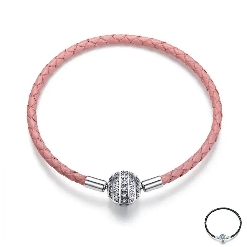 Sterling Silver Round Clasp Leather Bracelet with Clear CZ for Women