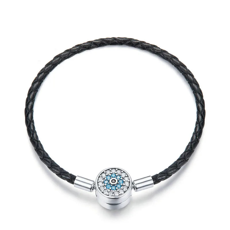 Sterling Silver Round Clasp Leather Bracelet with Clear CZ for Women