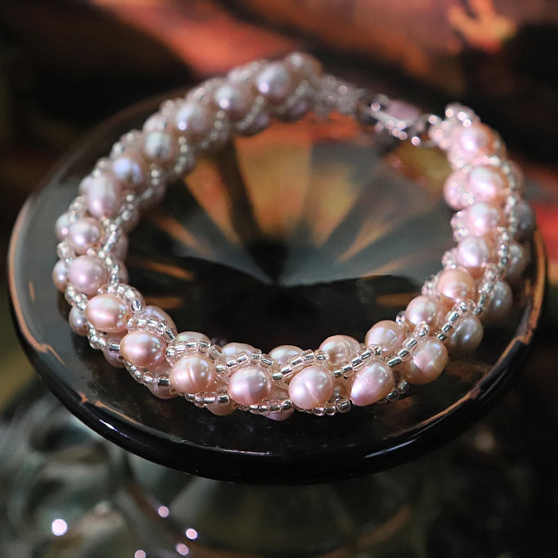 Elegant Triple Strand Pink Freshwater Pearl Bracelet