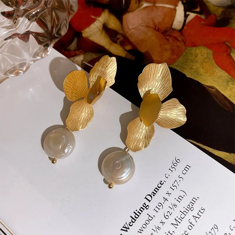 Vintage Gold Petal Flower Pearl Drop Earrings for Women