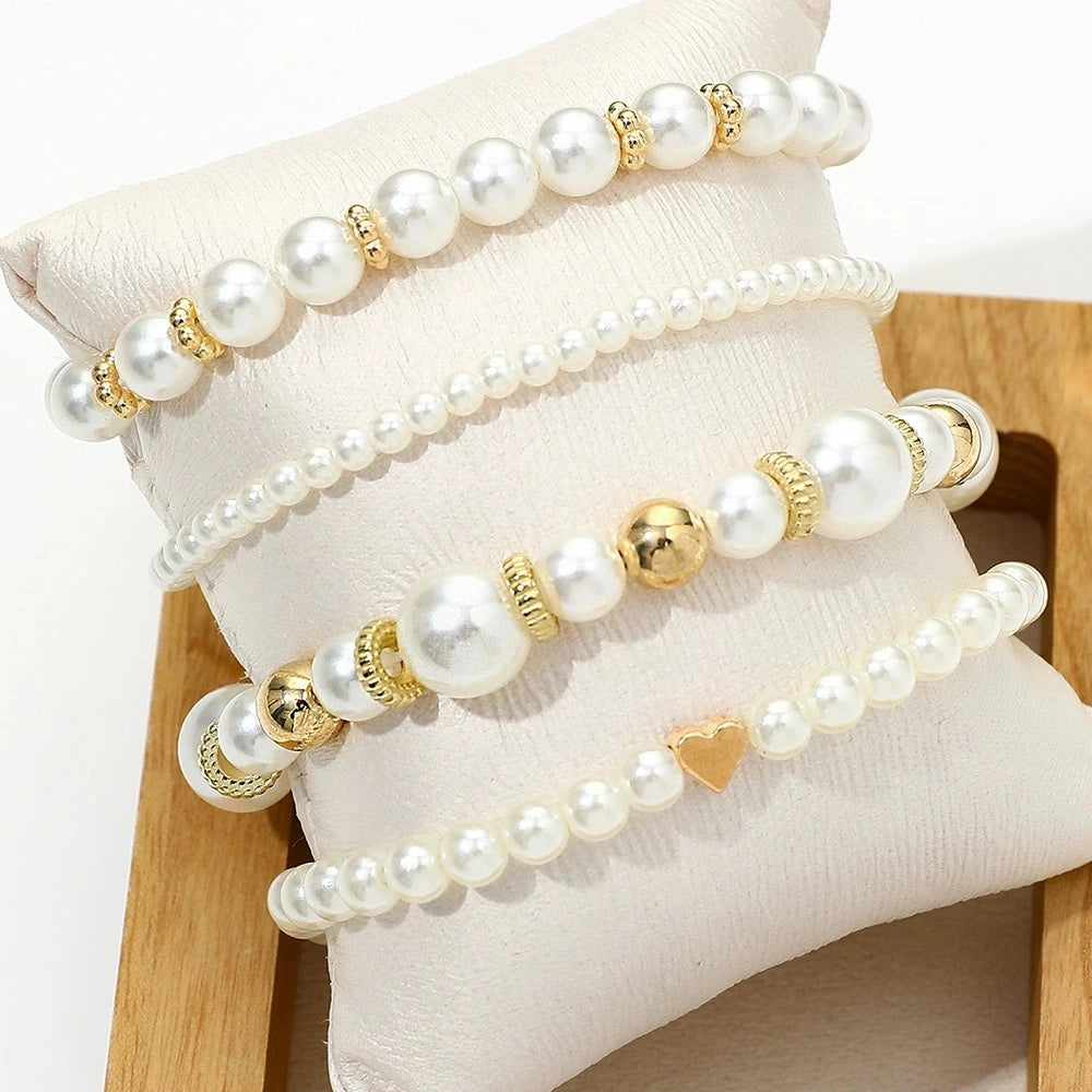 Korean Heart Charm Pearl Beaded Bracelet Set for Women