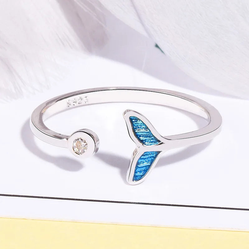 Mermaid Whale Tail Moonstone Stackable Ring – Blue Green Silver