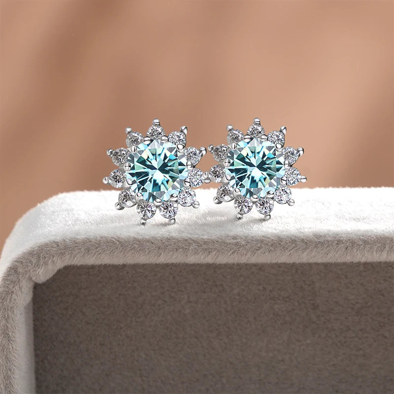 D Color Moissanite Sunflower Stud Earrings for Women in Sterling Silver