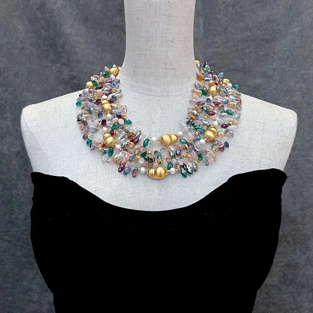 Elegant Multi-Color Crystal & White Pearl Statement Necklace Jewelry