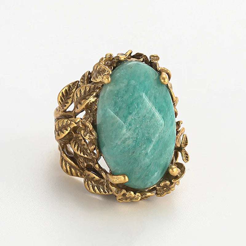 Vintage Nature-Inspired Emerald Bezel Ring in Gold Tone