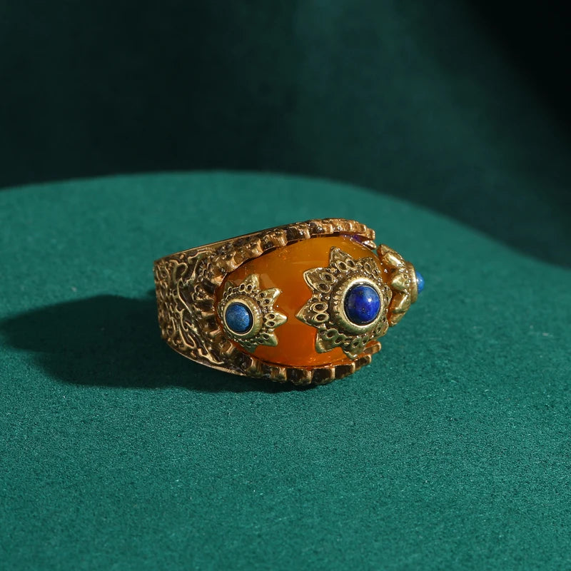 Vintage Blue Gold Sun Ring with Yellow Stone for Women