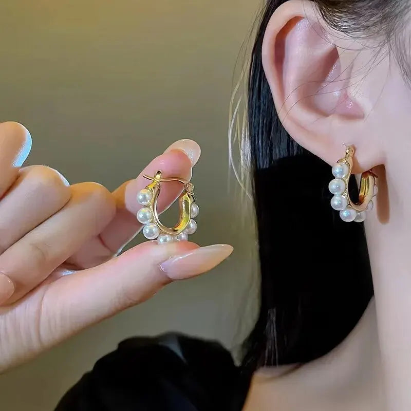Gold U-Shaped Hoop Earrings with Imitation Pearls for Women