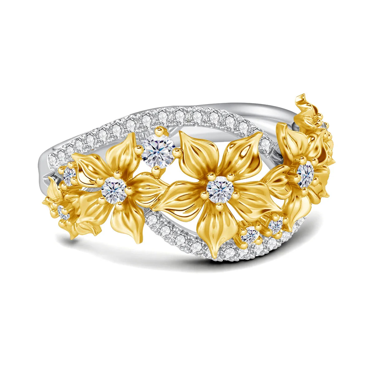 Luxurious Flower Moissanite Engagement Ring and Elegant Wedding Band