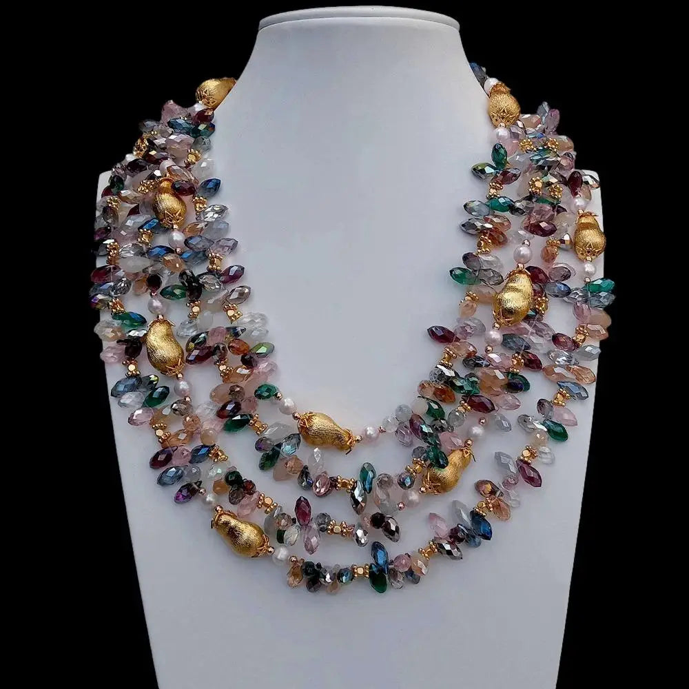 Elegant Multi-Color Crystal & White Pearl Statement Necklace Jewelry