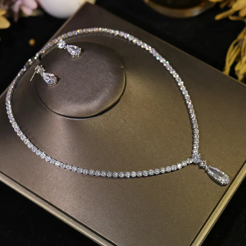 Classic Cubic Zirconia Water Drop Pendant Necklace Bridal Jewelry Set
