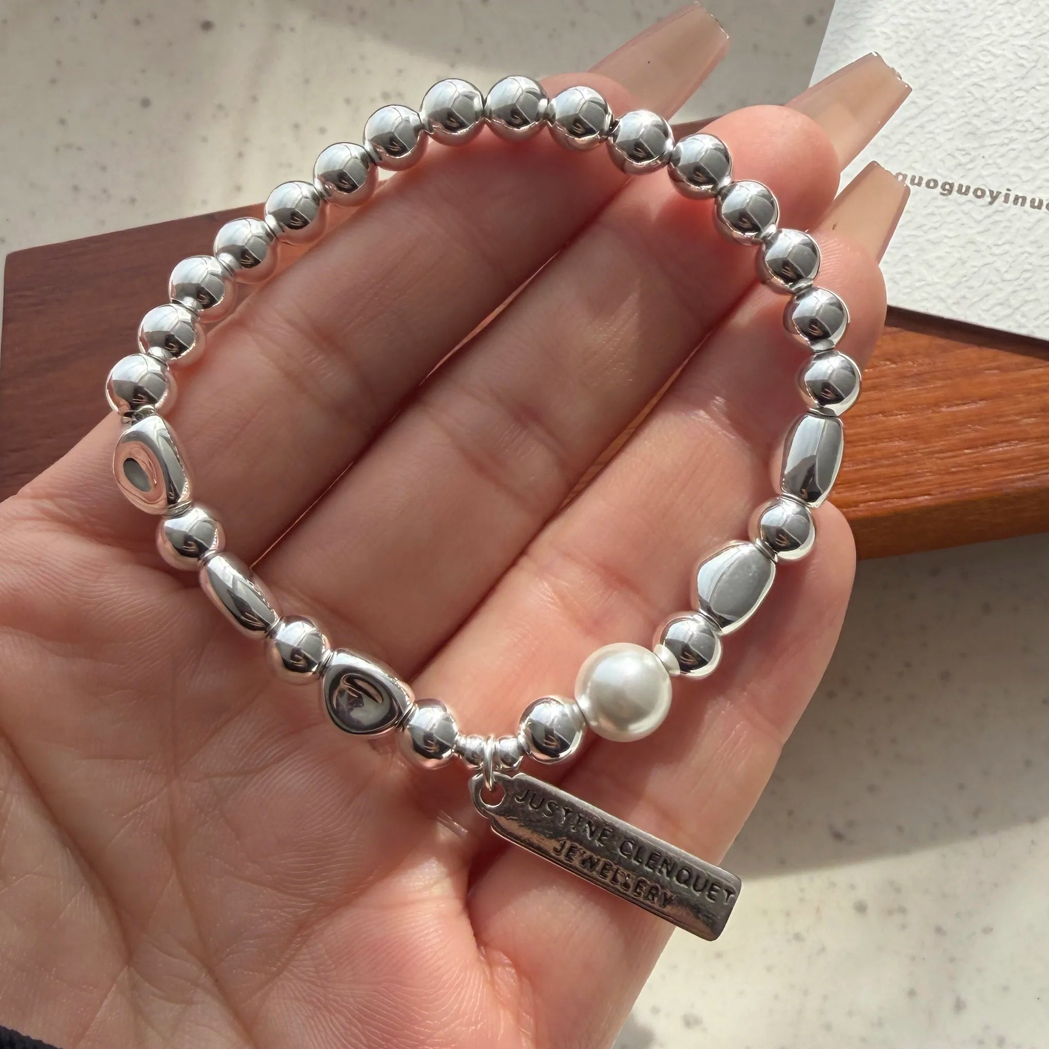 Retro Sterling Silver Geometric Pearl Bracelet