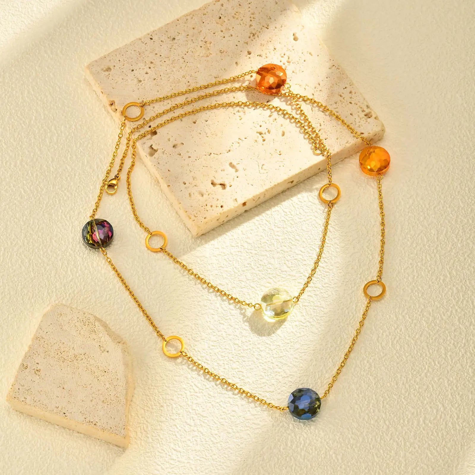 Geometric Beaded Long Layered Stainless Steel Necklace for Women