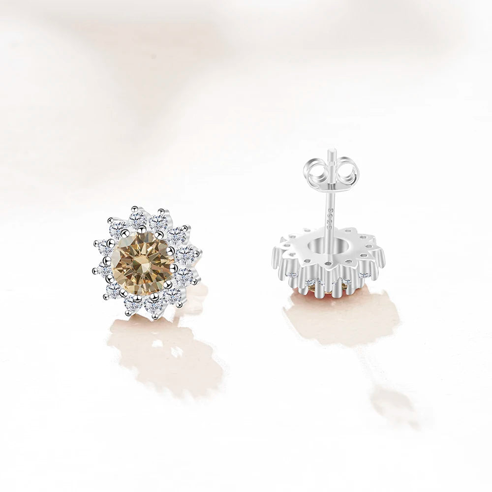 D Color Moissanite Sunflower Stud Earrings for Women in Sterling Silver