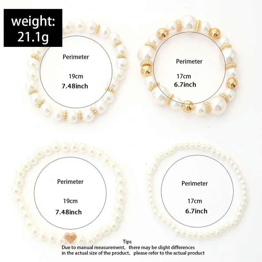Korean Heart Charm Pearl Beaded Bracelet Set for Women