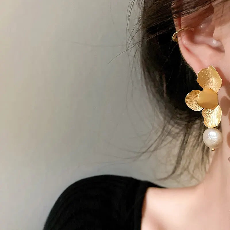 Vintage Gold Petal Flower Pearl Drop Earrings for Women