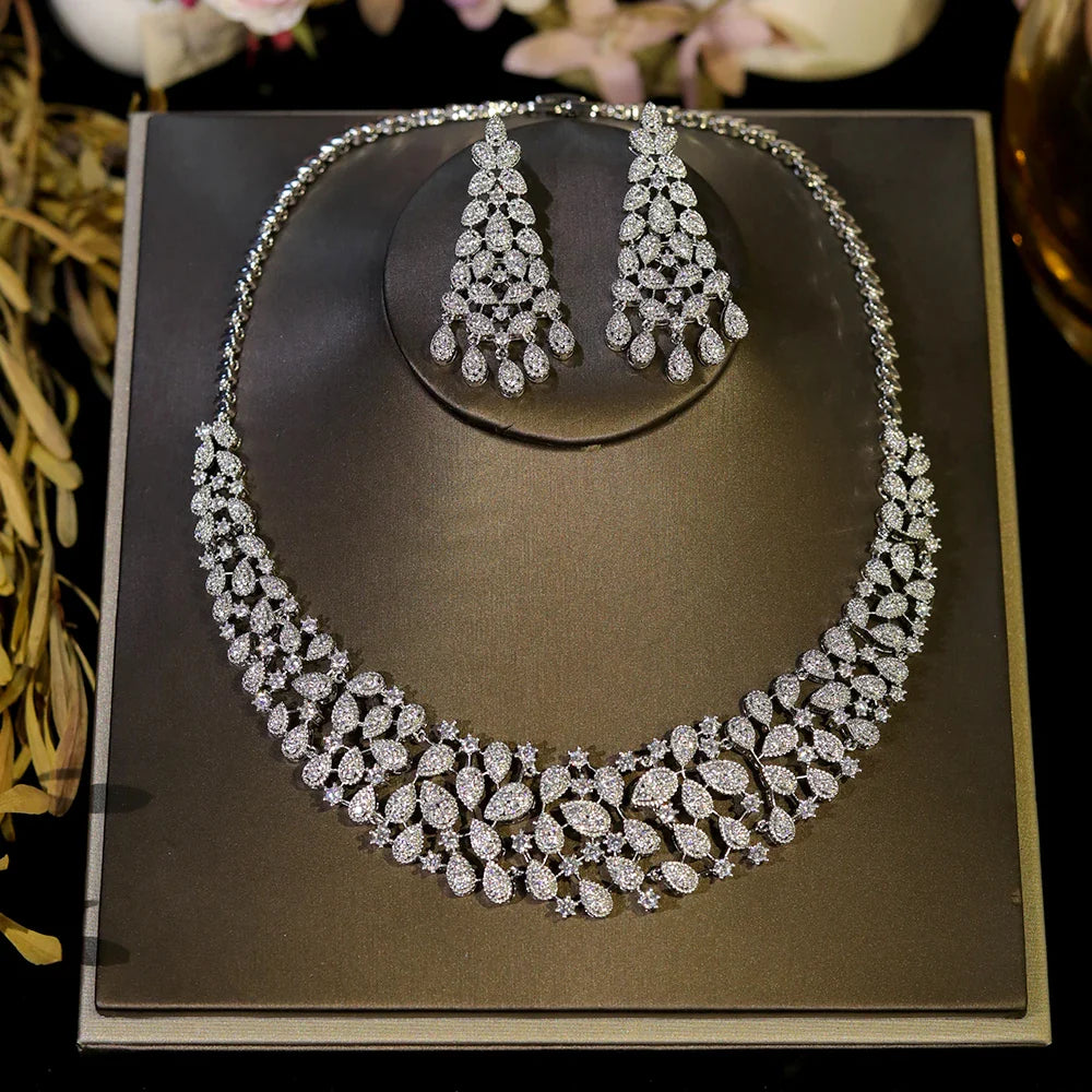 Luxury Crystal Zirconia Silver Necklace Wedding Jewelry Set for Women