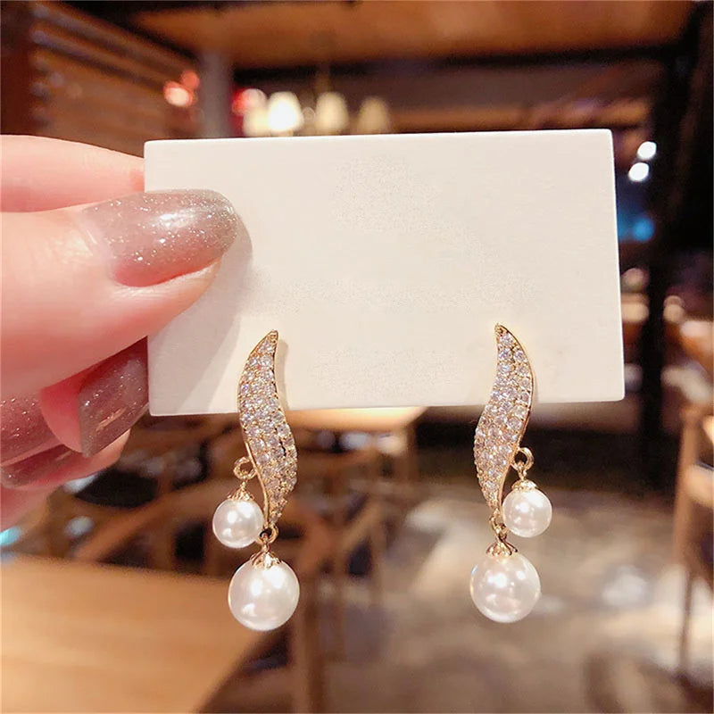 Classic Elegant Double Pearl Crystal Tassel Drop Earrings