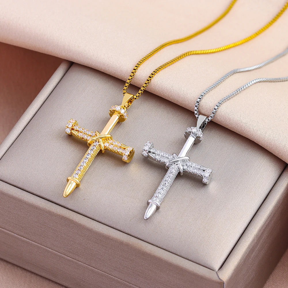 Zircon Inlay Nail Cross Pendant Necklace – Punk Stainless Steel Jewelry
