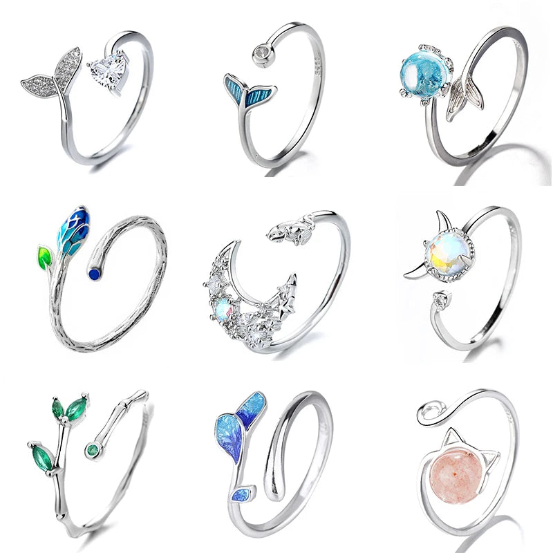 Mermaid Whale Tail Moonstone Stackable Ring – Blue Green Silver