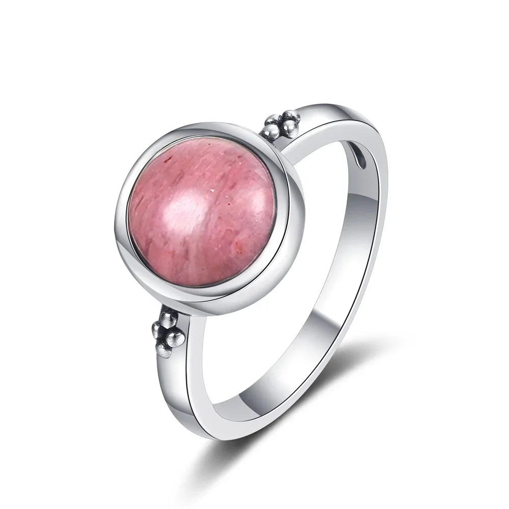 Vintage Round Natural Labradorite Silver Ring for Women