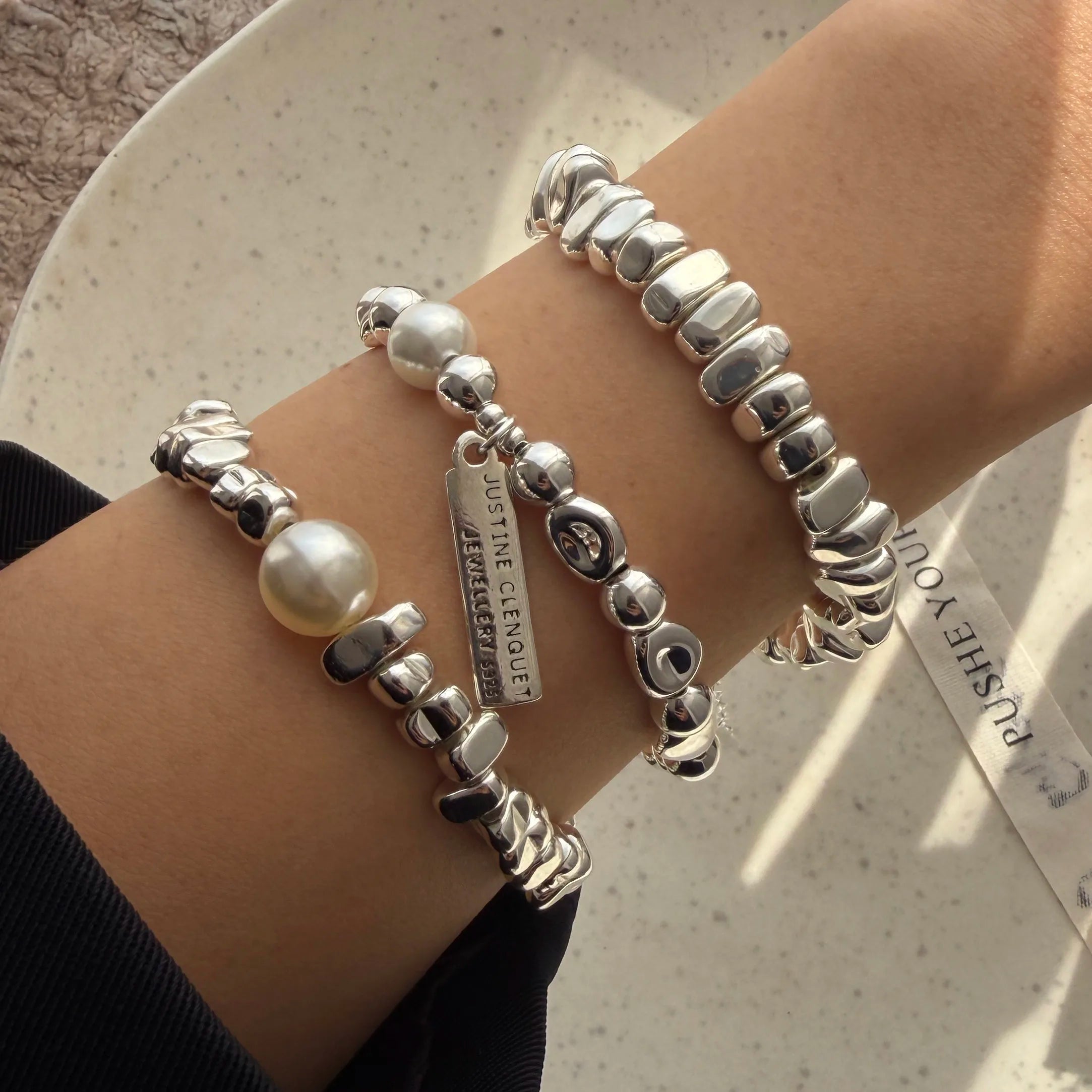 Retro Sterling Silver Geometric Pearl Bracelet