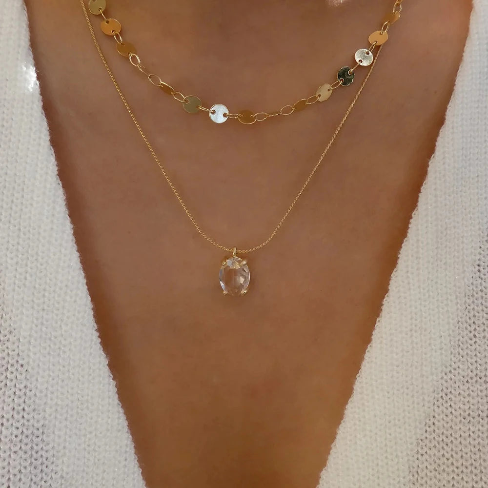 Vintage Multi-Layer Stainless Steel Necklace with Green Crystal Pendant