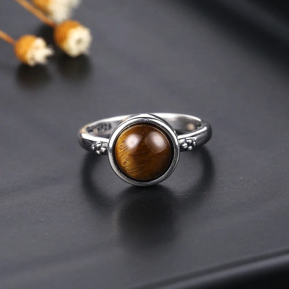 Vintage Round Natural Labradorite Silver Ring for Women