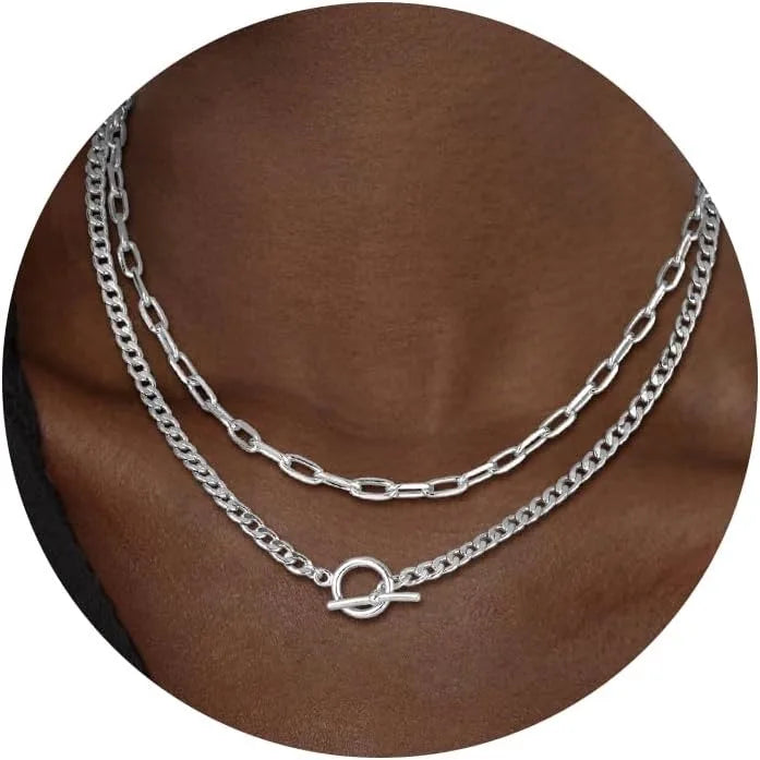 Women’s Gold Layered Chain Necklace – Cuban Link Paperclip Style