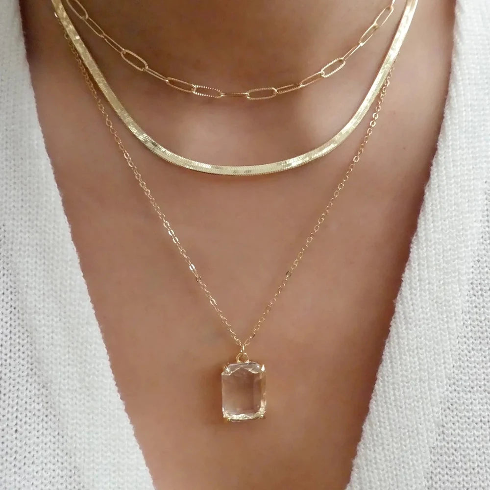 Vintage Multi-Layer Stainless Steel Necklace with Green Crystal Pendant